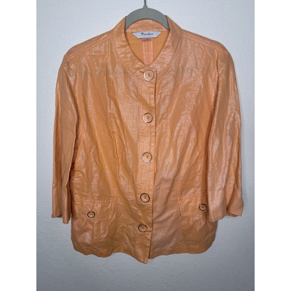 TanJay Button Up Blazer Top Womens 14P Orange Shimmer Linen Blend Career‎